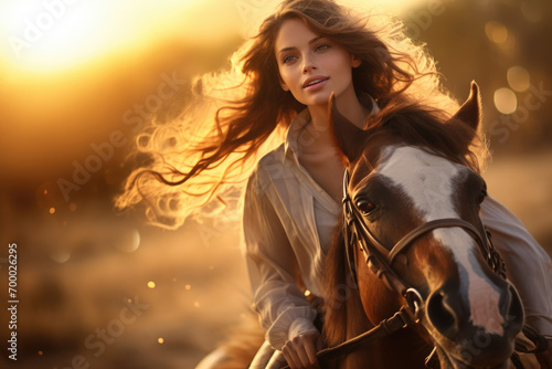 a young woman horse riding in the enchanting golden hour of sunset © Kien