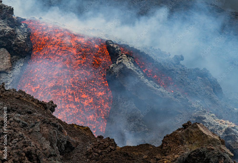 Eruptive vent with lava emis at the top of the Etna volcano