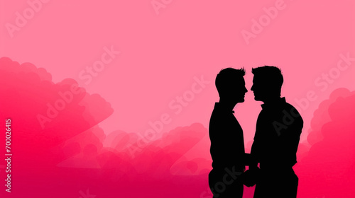 copy space, simple vector illustration, silhouette of a gay male couple hugging, valentine's poster, red and pink tones. Beautiful background or for valentine’s day. Beautiful background. Valentine’s 
