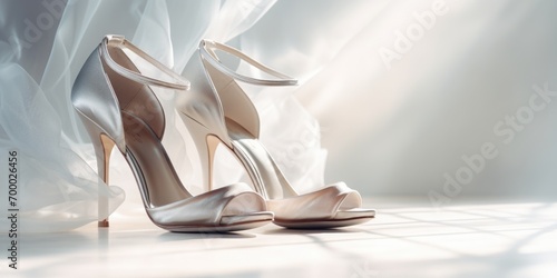 White wedding shoes and the bride's bouquet with a dedicated space for text
