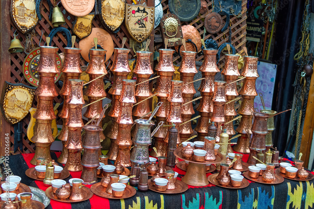 Handmade products exposed for sale at old part of Sarajevo, Bascarsija.