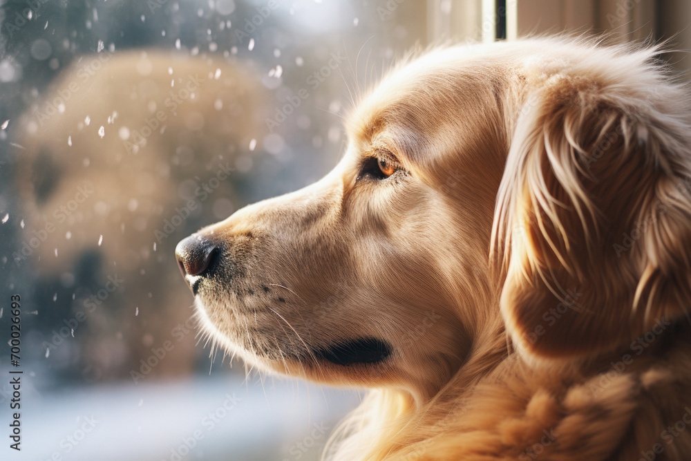 dog looks out the window with snowflakes in winter