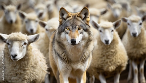 Wolf standing amidst a herd of sheep