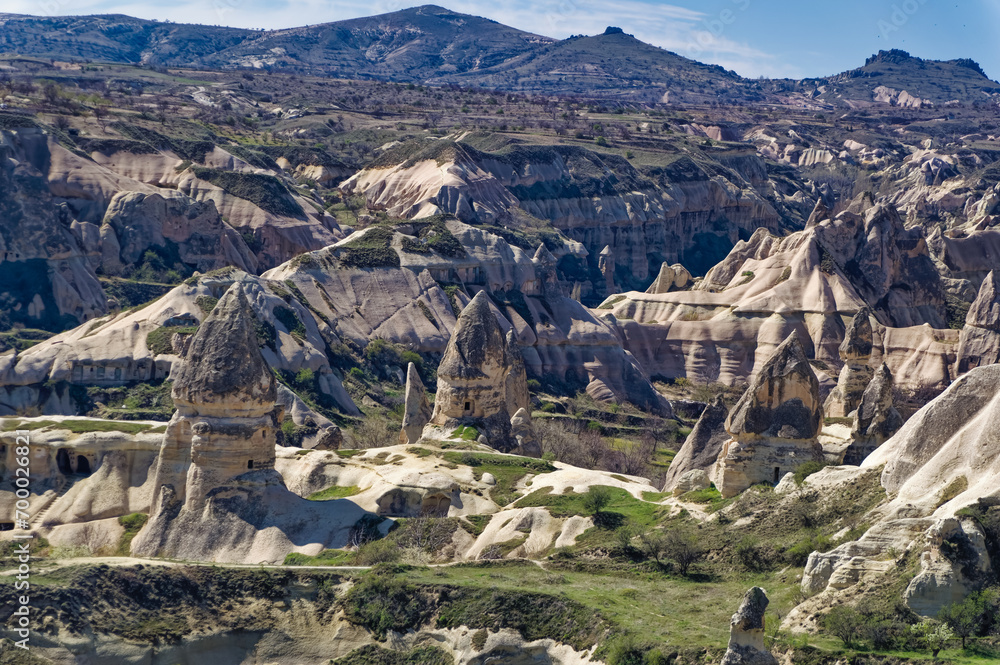 Aerial view over natural landscape in Cappadocia, Turkey.