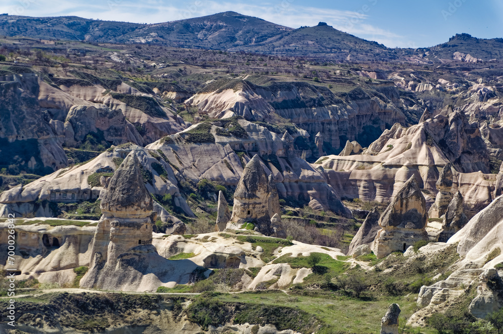Aerial view over natural landscape in Cappadocia, Turkey.