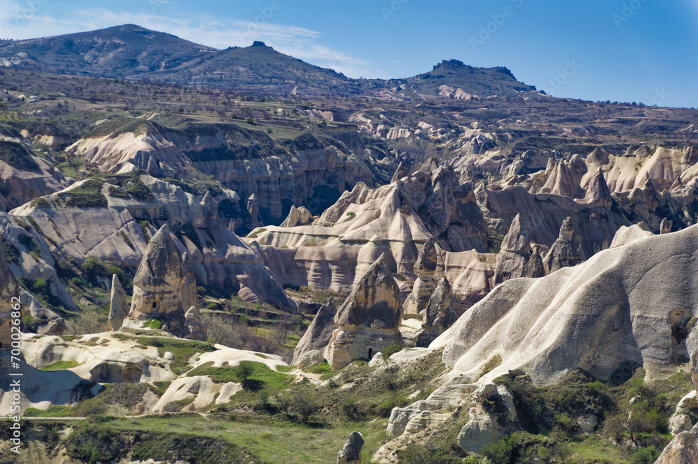 Aerial view over natural landscape in Cappadocia, Turkey.