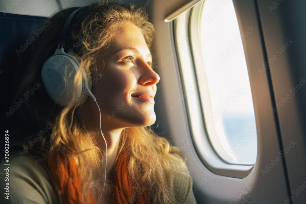 woman smiling and looking out the airplane window