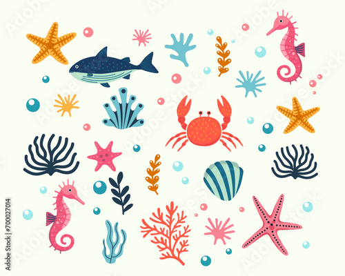 Marine life illustration pattern vector coral, shell, scallop, starfish, deep sea background layout silhouette printable	