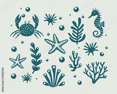 Marine life illustration pattern vector coral, shell, scallop, starfish, deep sea background layout silhouette printable	