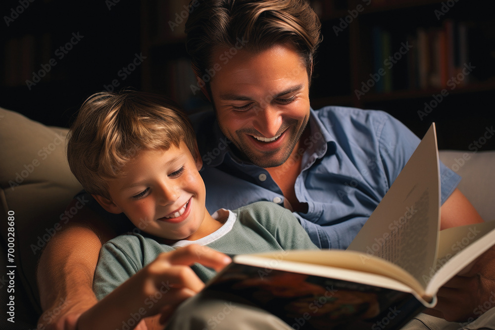 dad and son read a book together and laugh dad and son read a book together and laugh