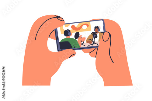 Watching online video on mobile phone screen. Watch interview, talk show, podcast channel in internet, holding smartphone, cellphone in hands. Flat vector illustration isolated on white background