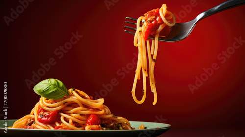 Italian Pasta with tomato sauce on a metal fork, copy space for text on red background. Promotional banner for Italian week in a restaurant.
