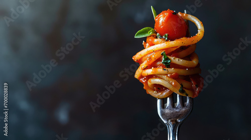 Italian Pasta with tomato sauce on a metal fork with basil leaf, copy space for text. Promotional banner for Italian week in a restaurant. photo