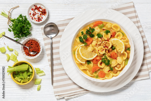 orecchiette pasta chickpea soup in white bowl