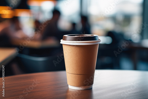 close-up shot of a paper cup of coffee in a cafe