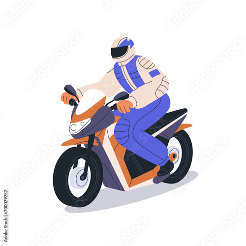 Person driving electric motorcycle, eco-friendly bike. Driver in safety helmet, riding ecological e-vehicle. Biker on motorbike, road transport. Flat vector illustration isolated on white background