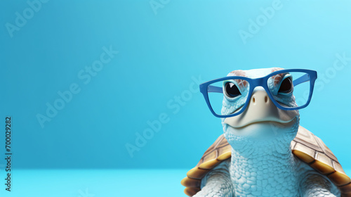 Close up portrait of a turtle in white toy glasses photo