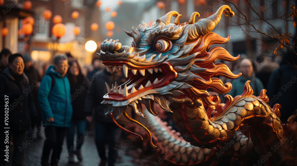 Fototapeta premium Chinese Dragon Dance at a Lunar New Year Party 
