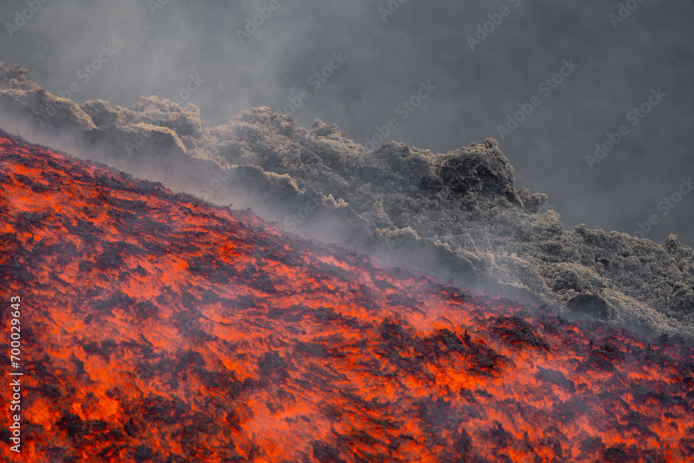 Eruptive vent with lava emis at the top of the Etna volcano