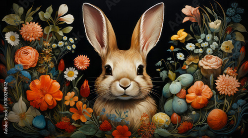 Easter bunny Rabbit surrounded by Spring Flowers, black background.