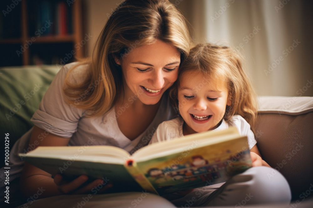 mother and daughter read a book together and smile mother and daughter read a book together and smile