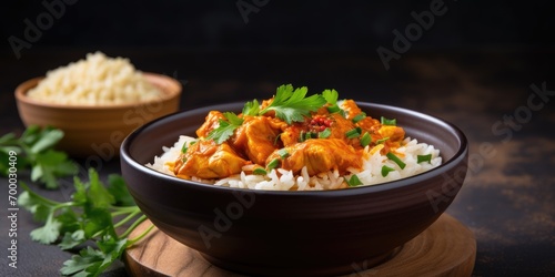 A bowl of chicken curry served with rice copy space