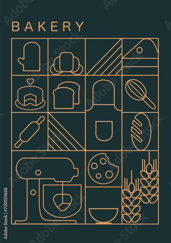 Hand drawn set illustration of Bakery. Bread, bakery products, baking dish, food processor, 
wheat. Abstract geometric line background. Bakery, confectionery equipment. Gold luxury pattern
