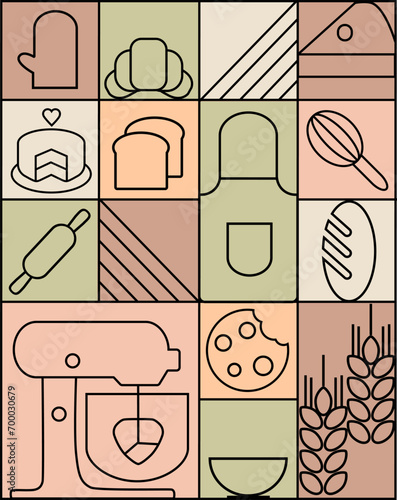 Hand drawn set illustration of Bakery. Bread, bakery products, baking dish, food processor, 
wheat. Abstract geometric line background. Bakery, confectionery equipment. 