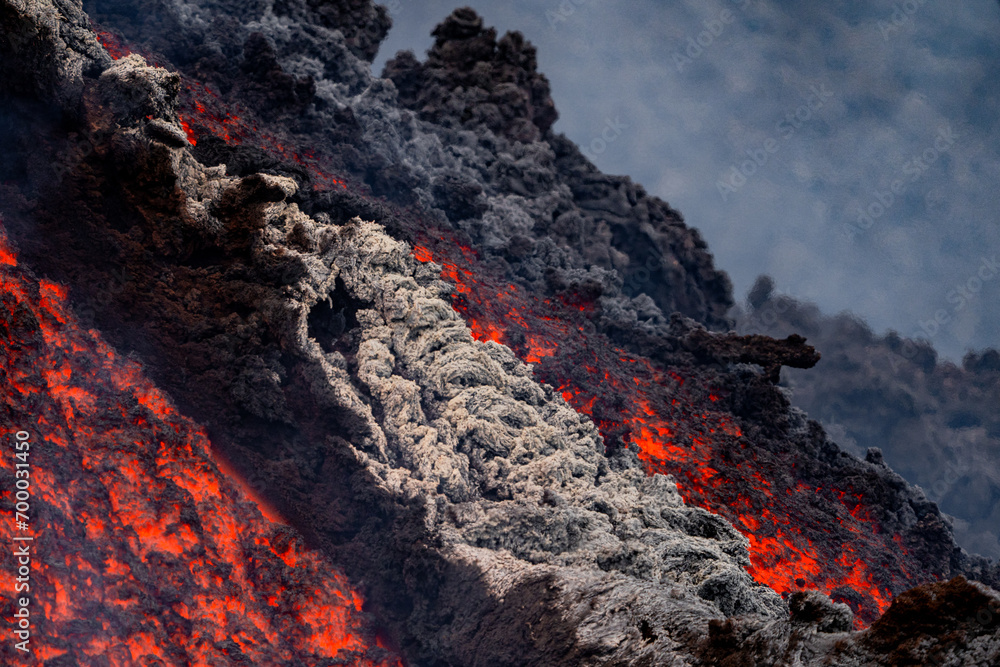 Eruptive vent with lava emis at the top of the Etna volcano