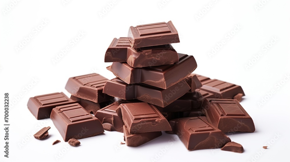 Fototapeta premium Pieces of Dark Chocolate on White Background. Cocoa 