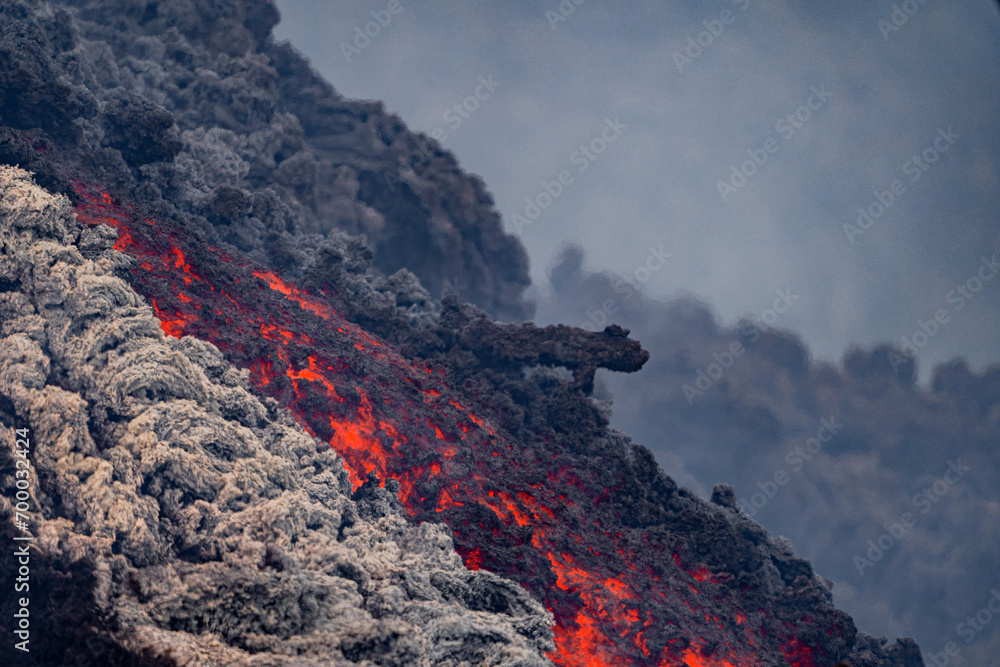 Eruptive vent with lava emis at the top of the Etna volcano