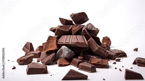 Pieces of Dark Chocolate on White Background. Cocoa 