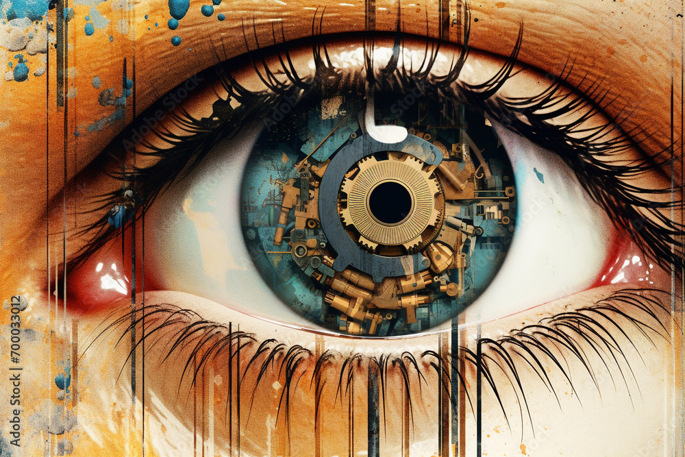 Sci-fi, technology, science concept. Collage of modern technology and artificial human eye composition. Steam punk style. Close-up, macro abstract and futuristic human eye view