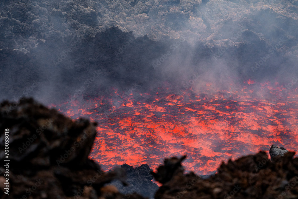 Eruptive vent with lava emis at the top of the Etna volcano