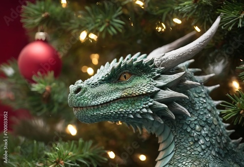 Statue of a green dragon sitting near a Christmas tree, fantasy art.