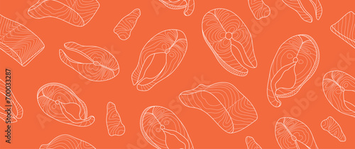 Salmon steak pattern texture background vector. Abstract salmon meat on orange background with stripes salmon line art. Design illustration for Japanese Restaurant, website, banner, packaging.