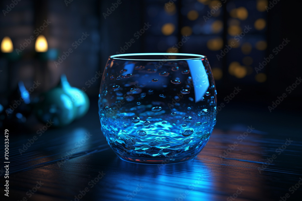 Empty glass bowl on dark blue background, close up. 3d rendering Empty glass bowl on dark blue background, close up. 3d rendering
