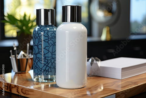 SPA natural organic cosmetics packaging design. Set of transparent glass bottles, moisturizer cream on wooden table.