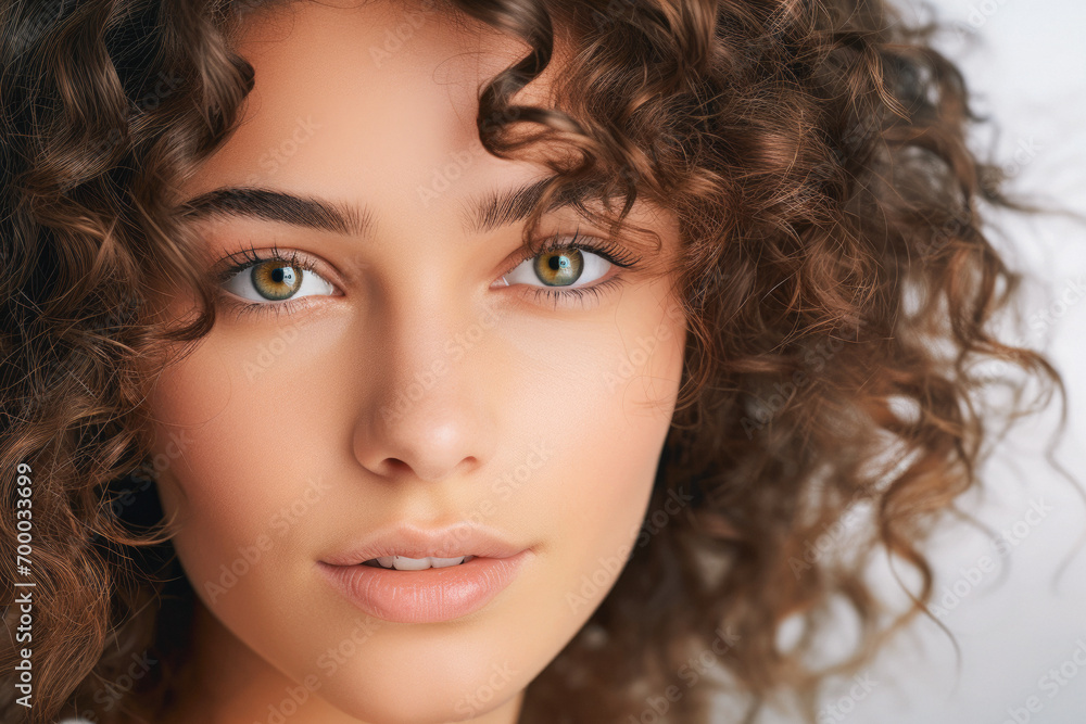 close-up portrait of a curly short-haired woman with brown hair close-up portrait of a curly short-haired woman with brown hair