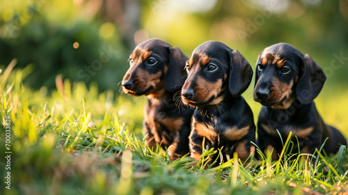 Dachshund puppies play in the grass