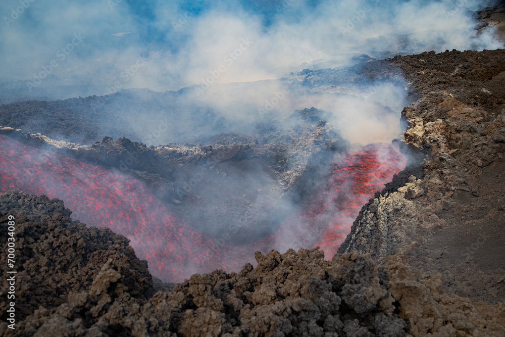 Eruptive vent with lava emis at the top of the Etna volcano