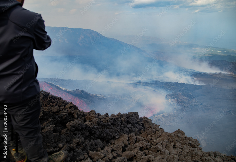 Eruptive vent with lava emis at the top of the Etna volcano