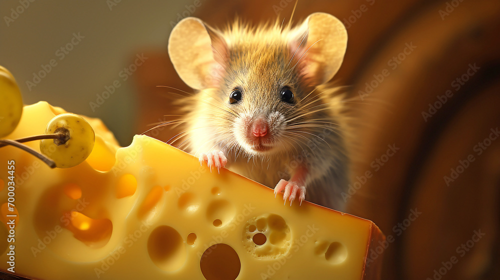 cut mouse eating cheese in kitchen	 - obrazy, fototapety, plakaty 