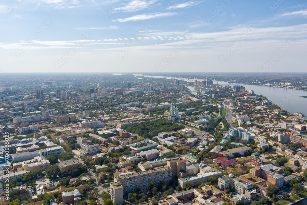 Astrakhan, Russia. Astrakhan Kremlin. Panorama of the city from the air in summer. Volga river. Aerial view