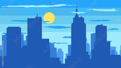 Day time cityscape pixel background. High buildings silhouette with sun and clouds. 2d pixel video game daytime with modern skyscrapers in city