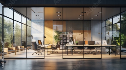 Modern office interior with glass walls and granite, 3D rendering. Open space inside the office.
