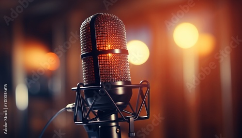 Studio microphone with blurred background and audio mixer   musical instrument concept photo