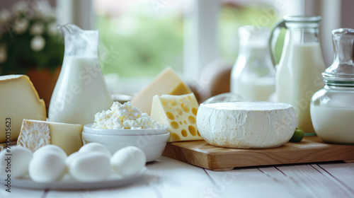 An assortment of Dairy products on a light colored kitchen. Creative banner for store of healthy farm dairy products. Milk, cottage cheese natural farm, copy space. photo