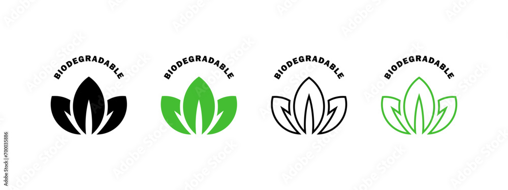 Biodegradable materials. Recycle signs. Icons of reusable plastic bio packaging. Vector icons