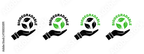 Biodegradable. Hands with icons. Icons of reusable plastic bio packaging. Vector icons